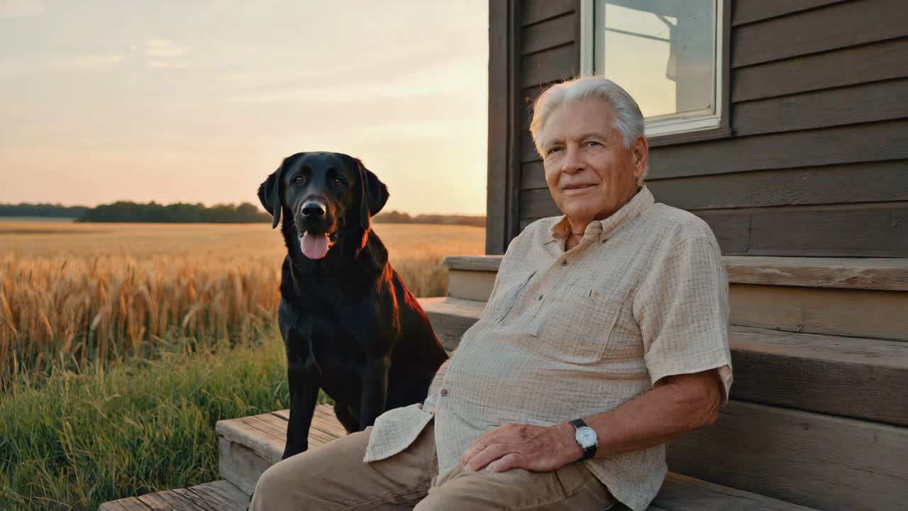 A senior man and his Labrador Retriever enjoying a peaceful sunset on the porch