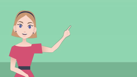 animation of caucasian woman talking and pointing icon on green background with copy space