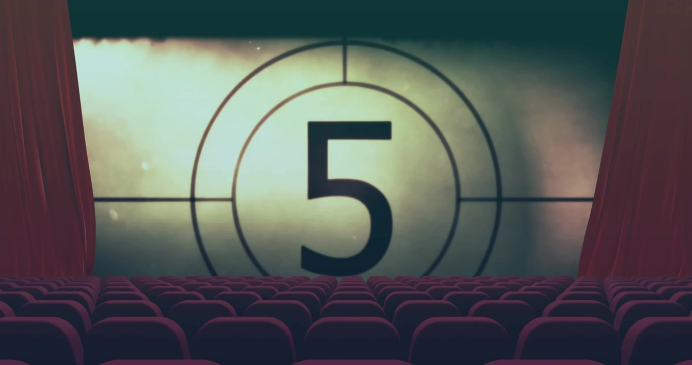 Animazione di un cerchio con conto alla rovescia di un film retrò in un cinema vuoto con sedie e tende rosse.