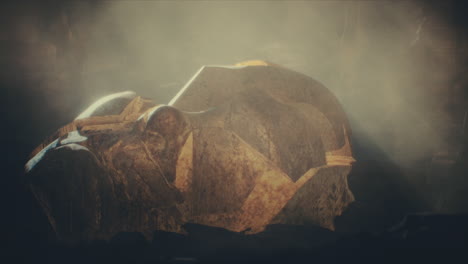 a head of the giant ancient deity statue hidden in a cave