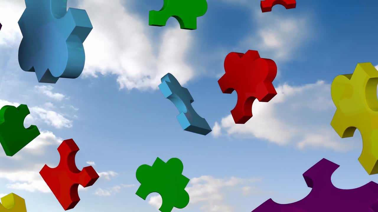 Animation Of Colorful Puzzles Falling Over Sky With Clouds Free Stock ...