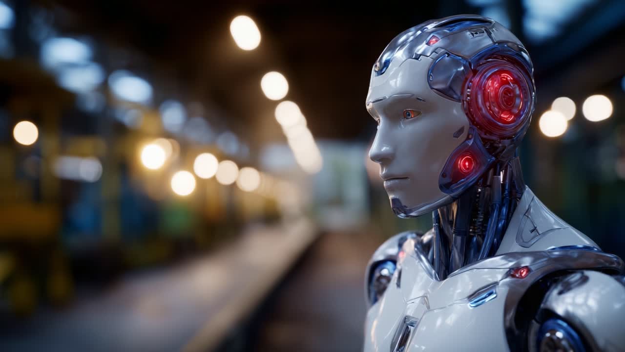 Un robot umanoide futuristico in un ambiente high-tech che mette in mostra design e tecnologia avanzati, evidenziandone i dettagli intricati e le caratteristiche luminose