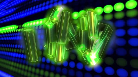 animación de barras metálicas verdes brillantes sobre luces verdes y azules de los datos de procesamiento del servidor