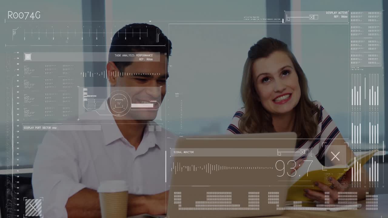 Animation of data processing over diverse business people using laptop