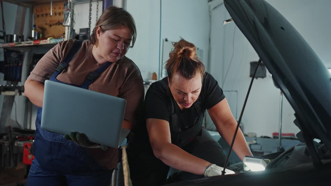 Women Mechanics Inspecting a Car Engine