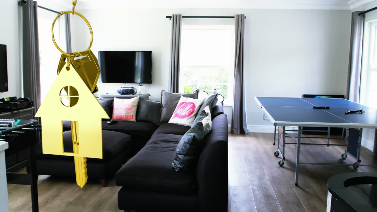 animación de la llave de la casa colgante y el llavero sobre la sala de estar