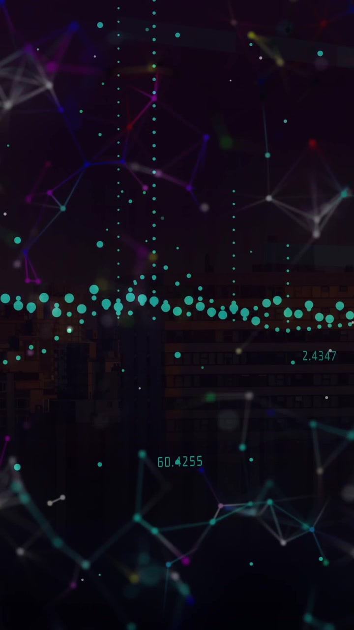 Digital animation of financial data processing and network of connections against black background