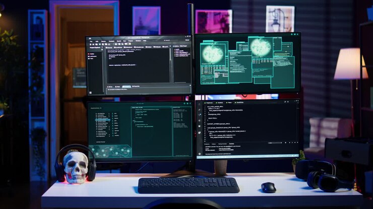 High tech computer system running malicious code in empty apartment