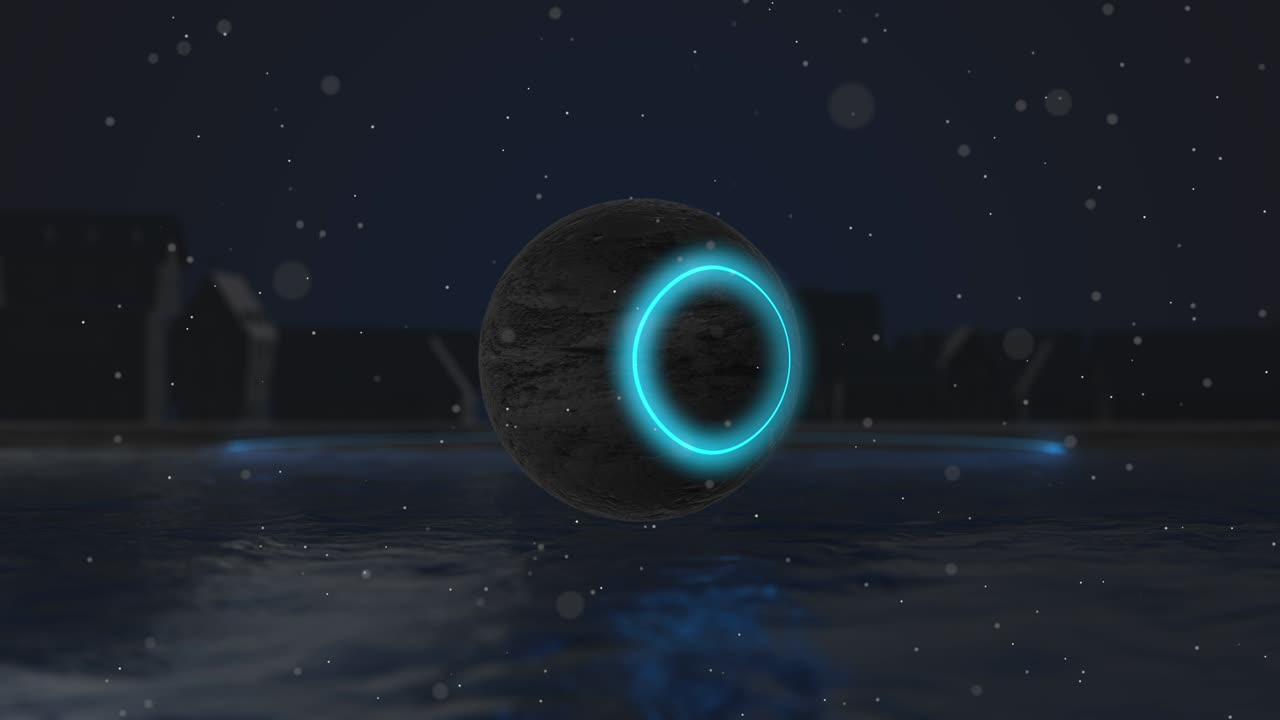 3d 렌더링, 반이는 네온 빛 구, 레이저 쇼, 빈 공간, 디스코 공, 에소테릭 에너지, 추상적인 배경, 루프 애니메이션, 자외선 스트럼, 물, 야간 호수 ufo