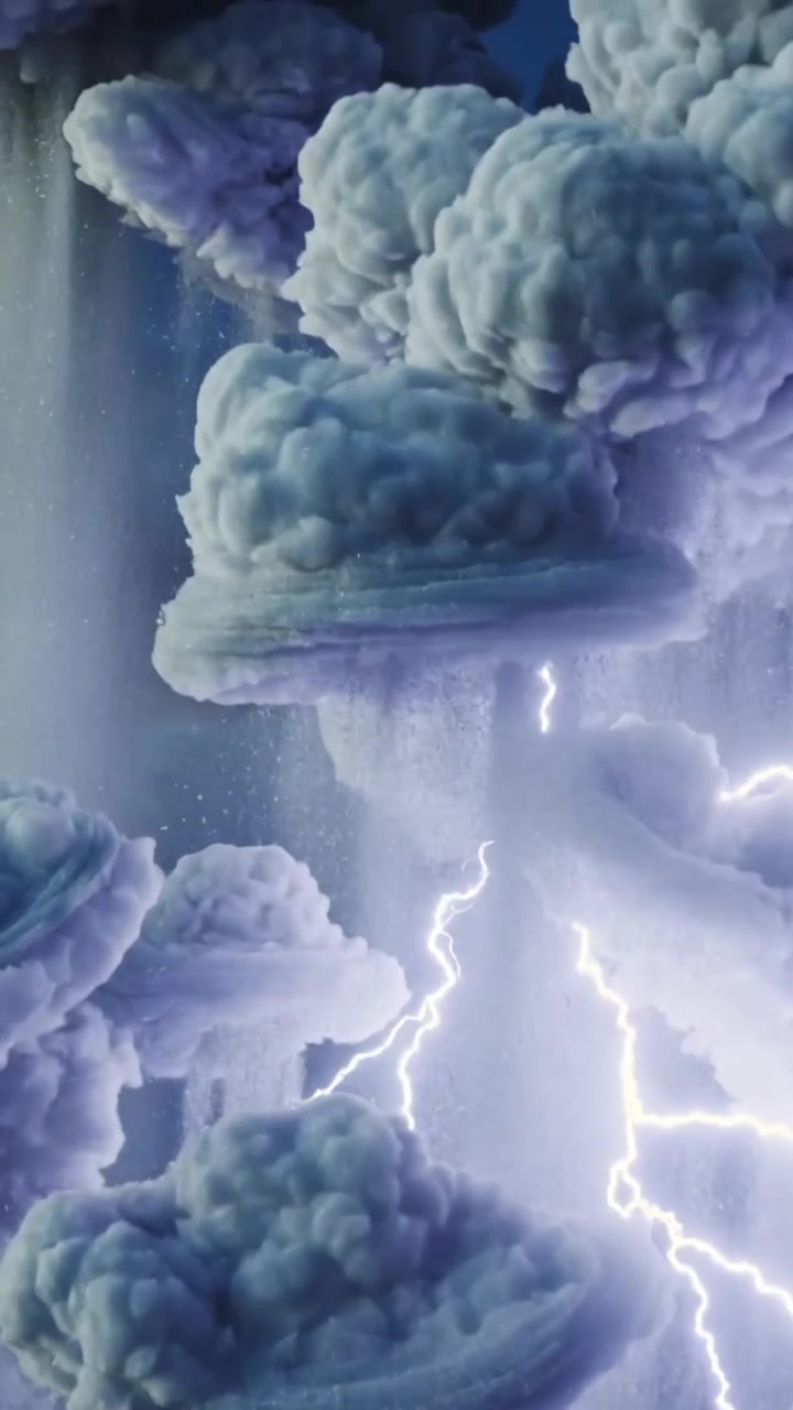 Video verticale: Fulmini a forcella lampeggianti che illuminano una colonna di nuvole stratificate durante una tempesta, rivelando la pioggia