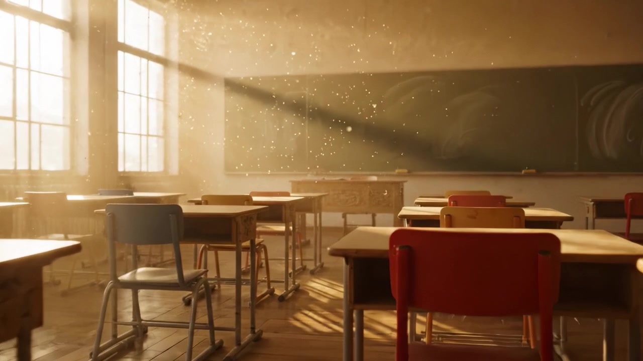 A Serene Classroom Setting Illuminated by Soft Sunlight, Capturing Dust Particles in the Air and Evoking a Sense of Learning and Reflection in a Quiet Environment