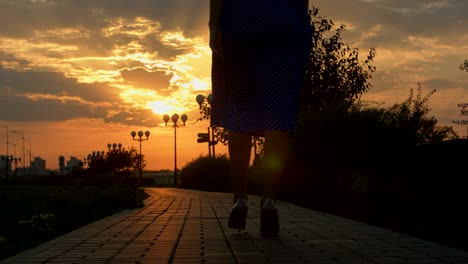 girl walking away through park at the sunset. slide