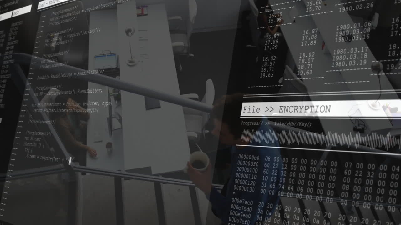 Encryption process animation over office setting with visible computer code