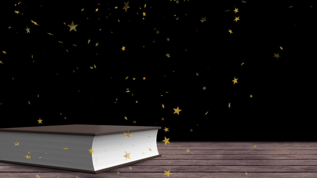 animación de estrellas doradas cayendo sobre un libro en superficie de madera