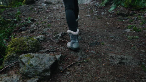 girl hiking though misty alpine forest trail in washington state