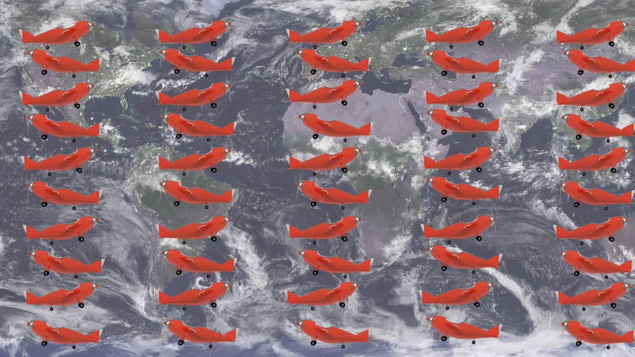 세계 지도 위의 비행기의 애니메이션