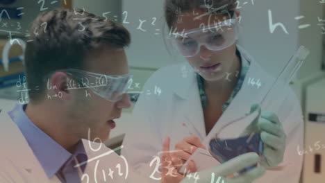 animation of mathematical equations over diverse scientist in lab cityscape