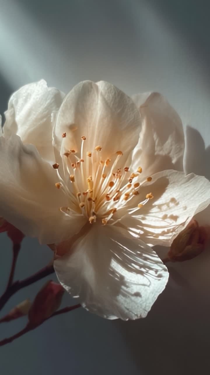 Un primo piano accattivante di un fiore delicato immerso in luce soffusa, che mette in risalto petali intricati e stami vivaci su uno sfondo tenue.