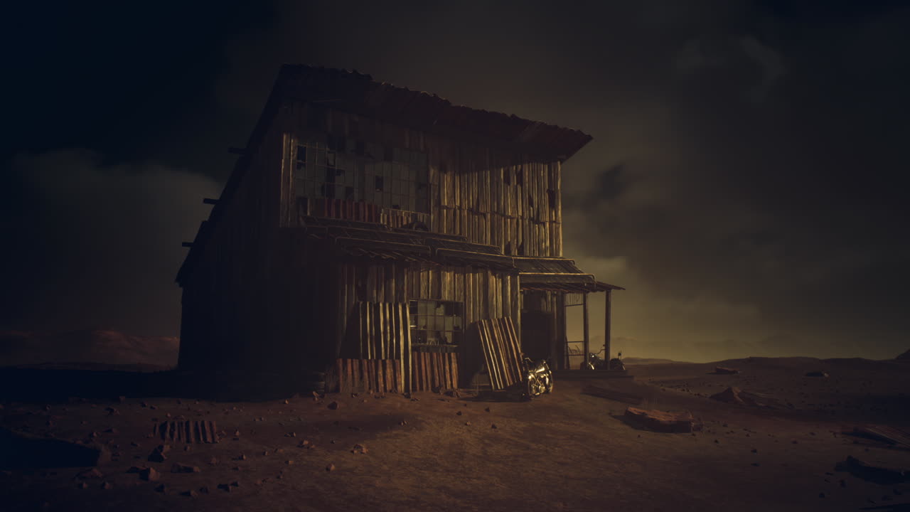 Casa di legno abbandonata sotto un cielo scuro in un paesaggio desolato al crepuscolo.