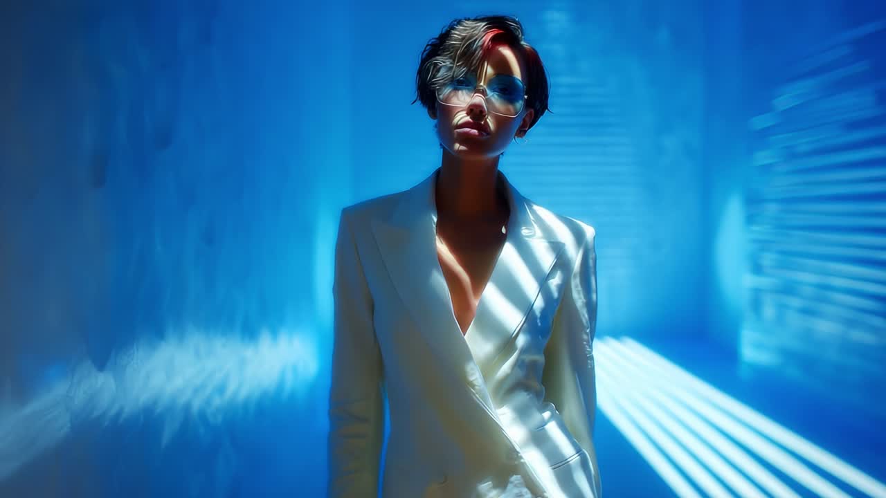 Striking Elegance: A Fashion Model Exudes Confidence in an Ethereal Blue Environment, Illuminated by Dramatic Light Stripes, Showcasing Contemporary Style in a Bold White Suit