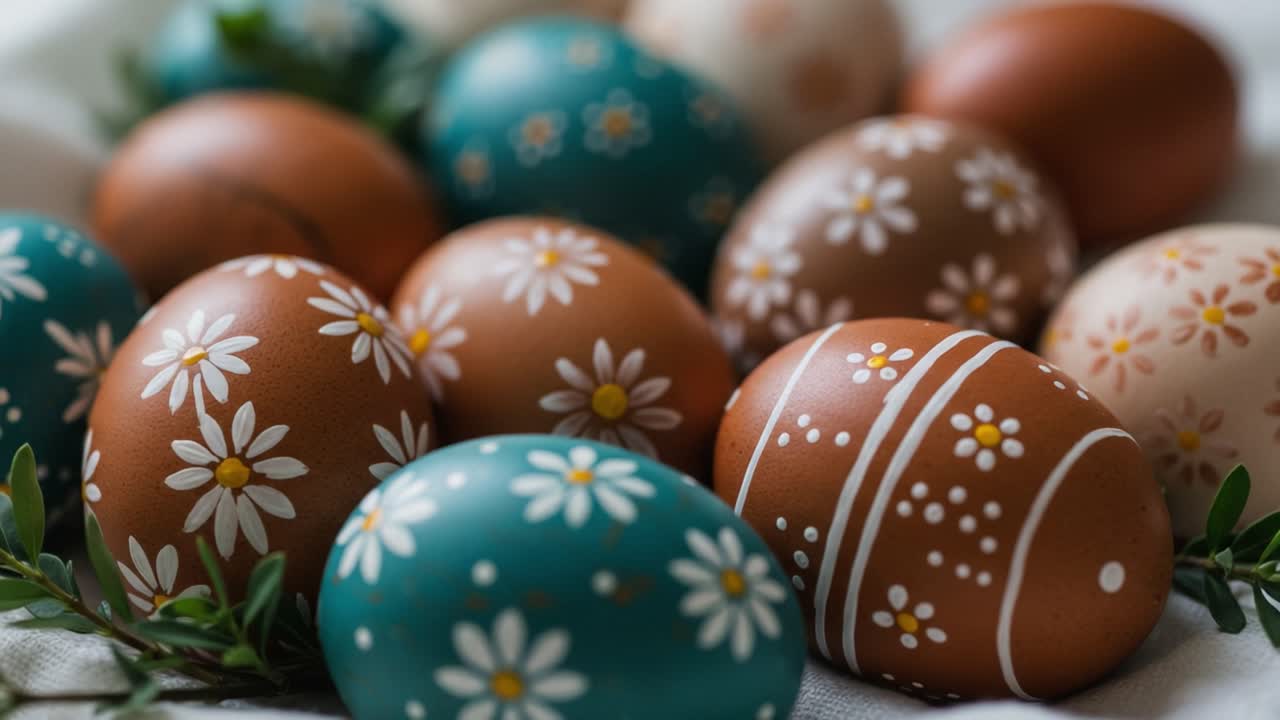 A Beautiful Collection of Hand-Painted Easter Eggs with Floral Designs in Vibrant Colors, Perfectly Arranged on a Soft Fabric Background for a Festive Celebration