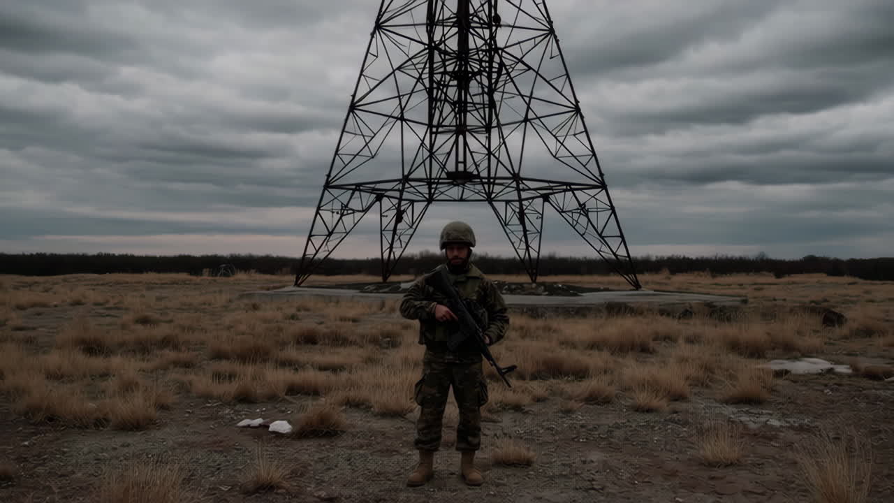 Soldato di guardia vicino a una torre elettrica