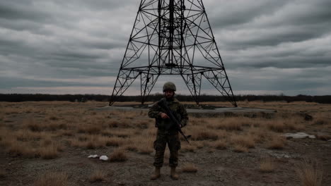 soldier standing guard near a power tower
