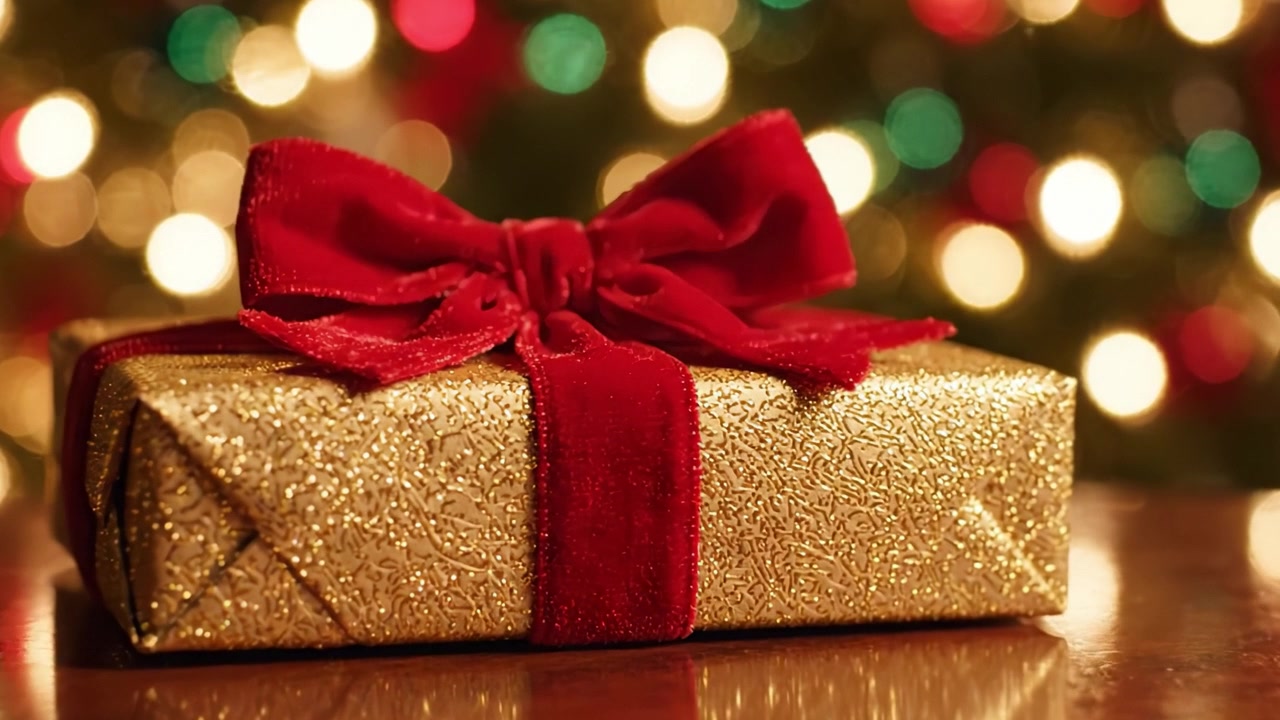 Un regalo dorato scintillante avvolto con un fiocco rosso, perfettamente ambientato su uno sfondo sfocato di luci natalizie colorate, che celebra la gioia della stagione.