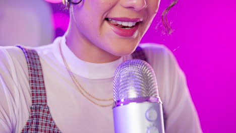 woman recording podcast with microphone
