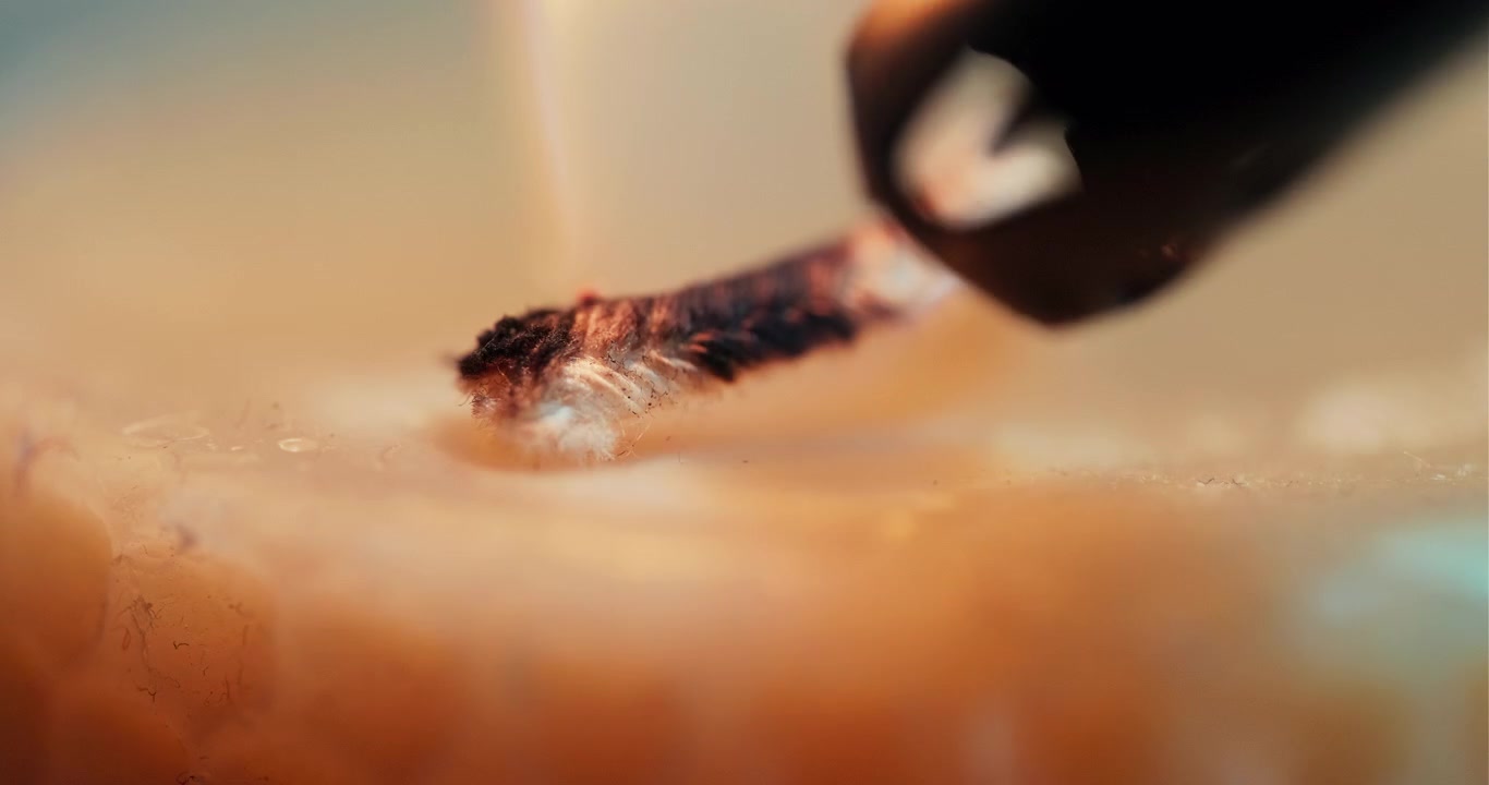 Extreme closeup of a white candle wick being ignited by a plasma arc lighter. Cinematic macro detail showing the combustion process and wax texture.