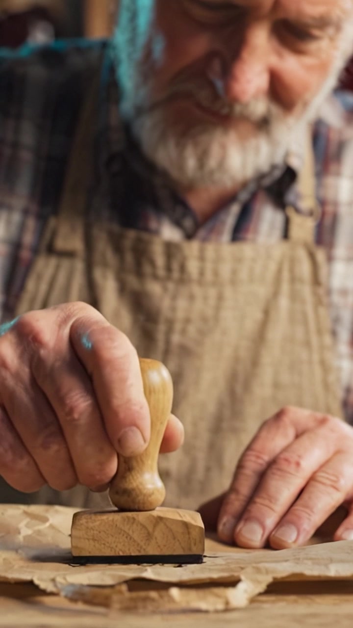 An Elderly Artisan Delicately Stamps Handmade Paper with Intricate Script, Showcasing the Age-Old Craft of Calligraphy and Attention to Detail