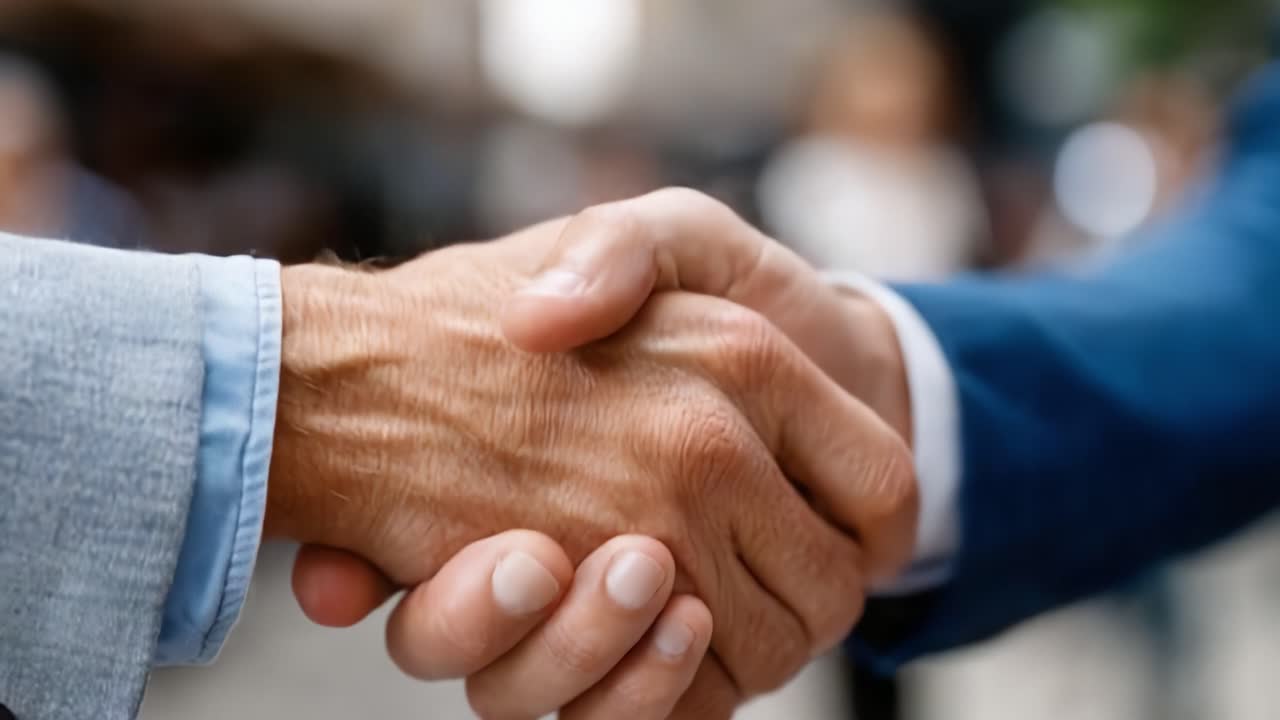 A firm handshake symbolizes trust, partnership, and agreement between two individuals in a professional setting, highlighting the importance of collaboration in business