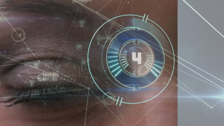 Animation of scope scanning and network of connections over eye of caucasian woman