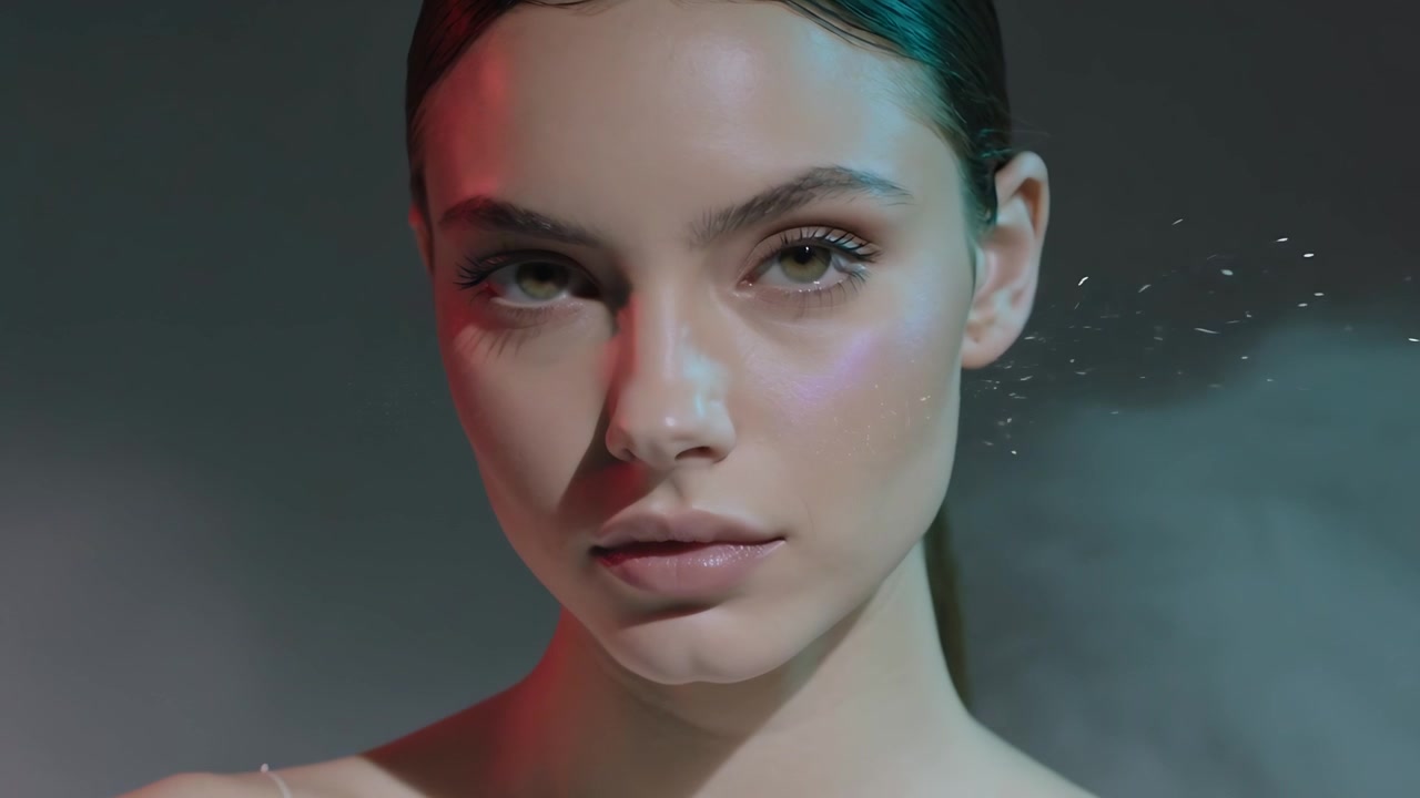 Câmera em movimento, modelo abrindo os olhos, mudando o olhar e virando no estúdio, exibindo maquiagem sob luzes coloridas.