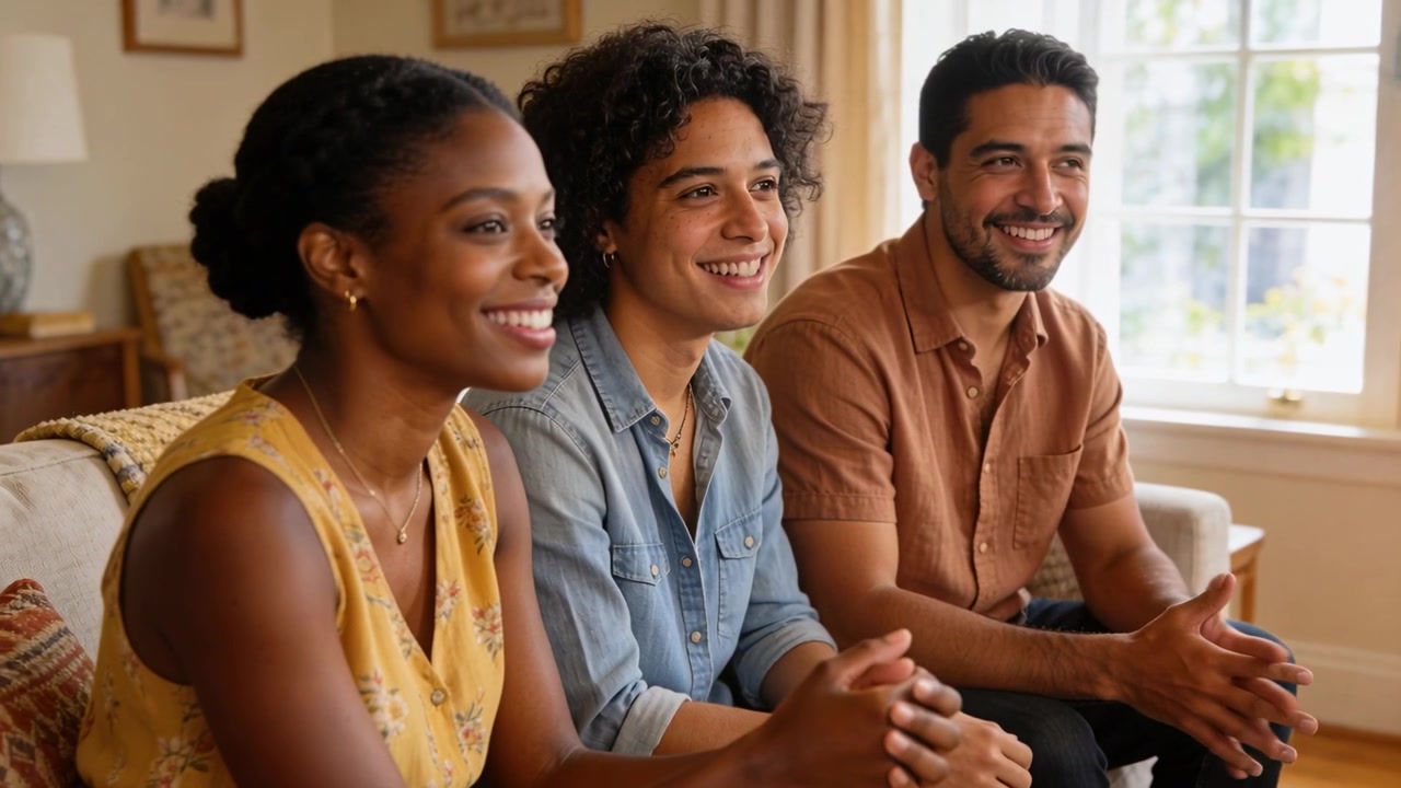 Clapping three adults sitting in living room couch, reacting to off-camera speaker while smiling