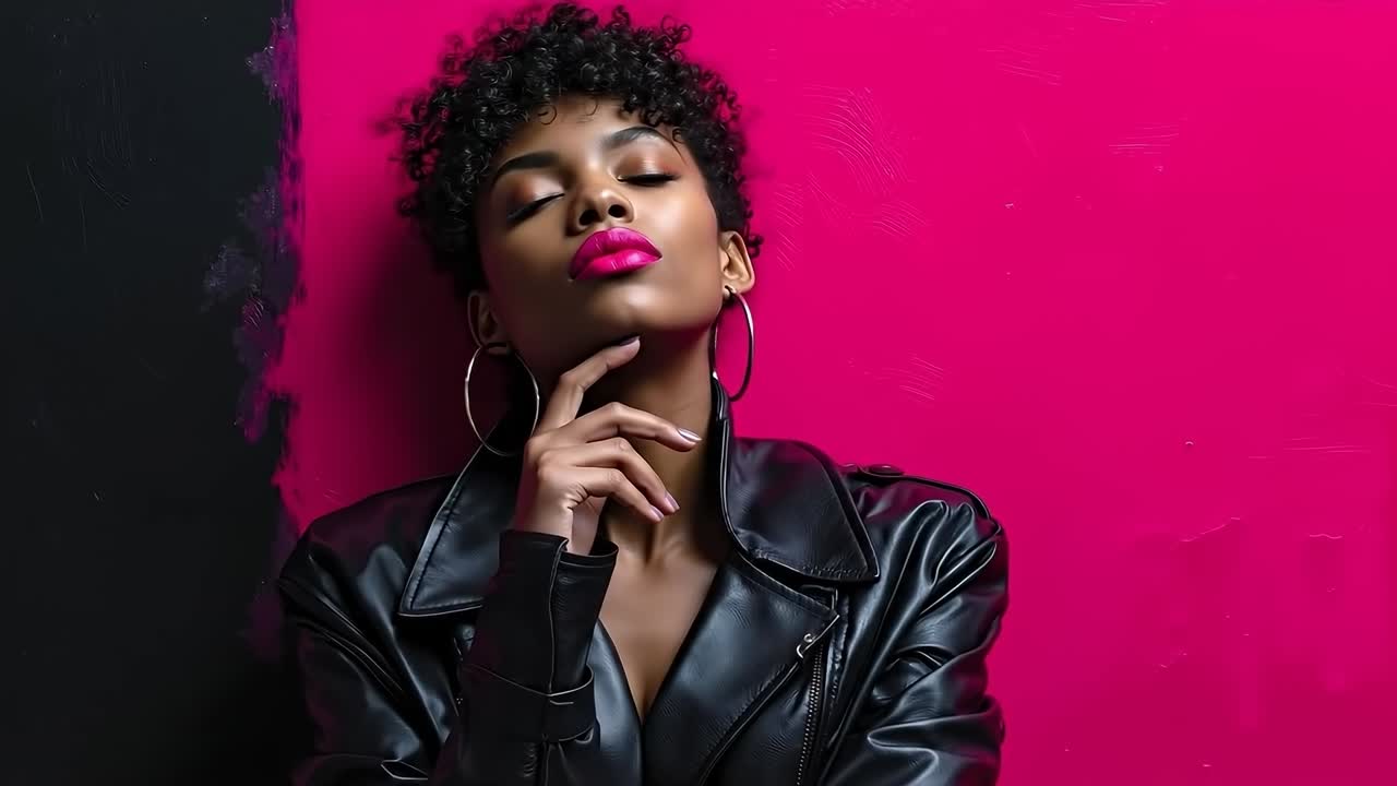 A woman in a black leather jacket leaning against a pink wall