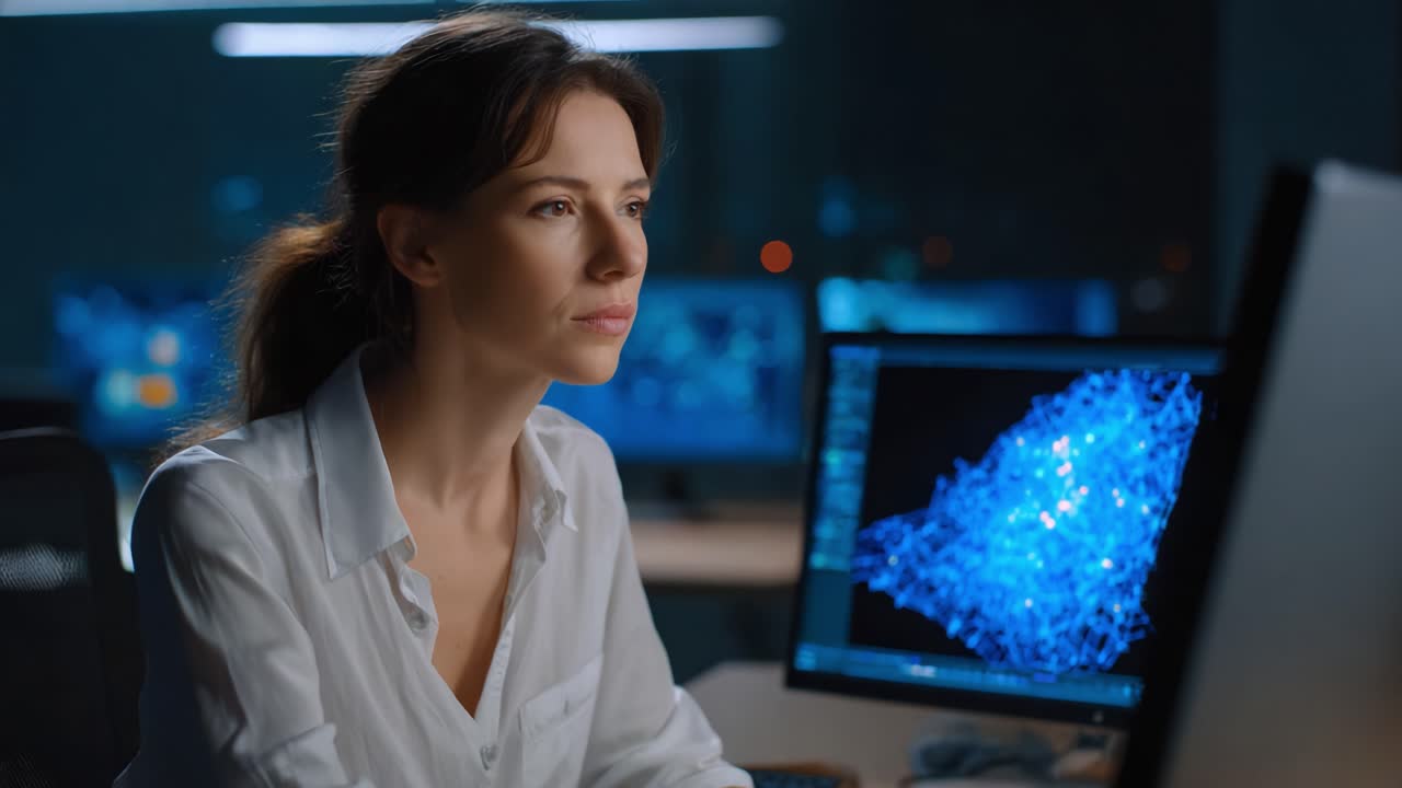 Focused Female Scientist Analyzing Complex Data Visualizations in a Modern Laboratory Setting, Captured in a High-Tech Workspace with Intricate Light Patterns