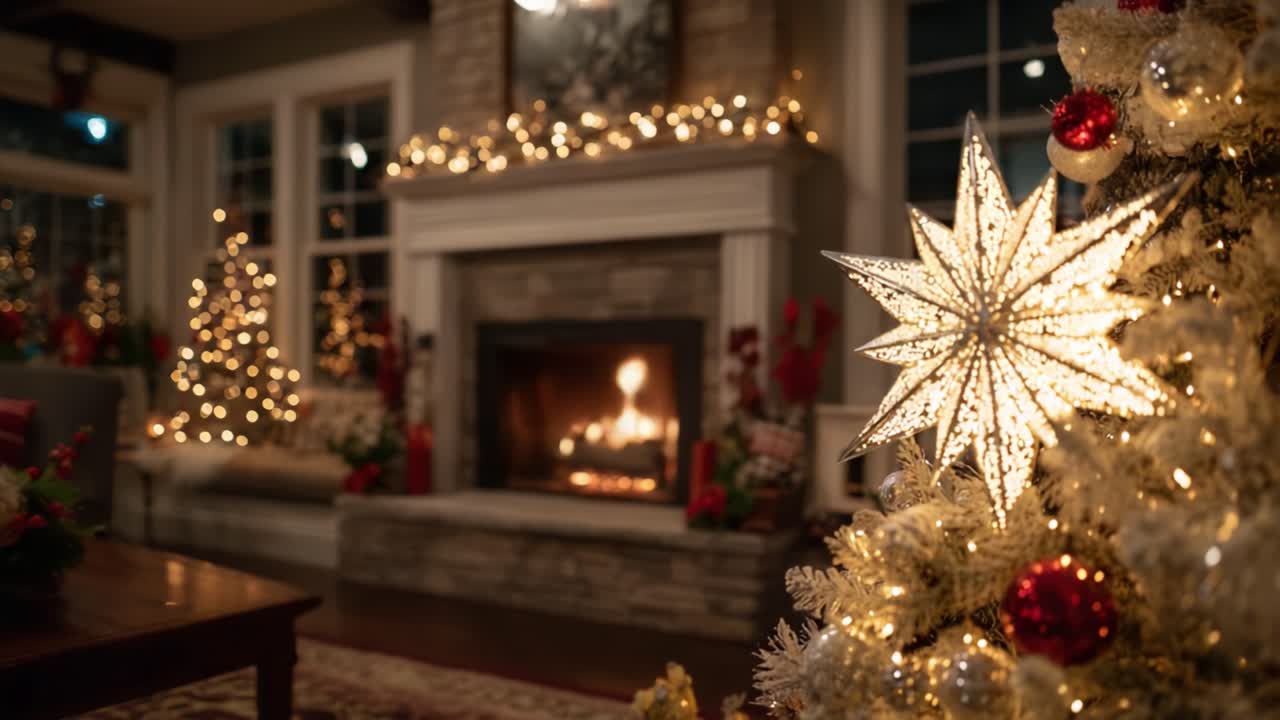 A Cozy Christmas Evening Scene with a Twinkling Tree, Glowing Lights, and a Warm Fireplace, Creating a Magical Holiday Atmosphere in a Festive Living Room Setting