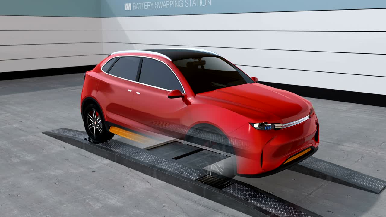 suv 전기 자동차 배터리 교환 스테이션에서 배터리를 교환합니다.