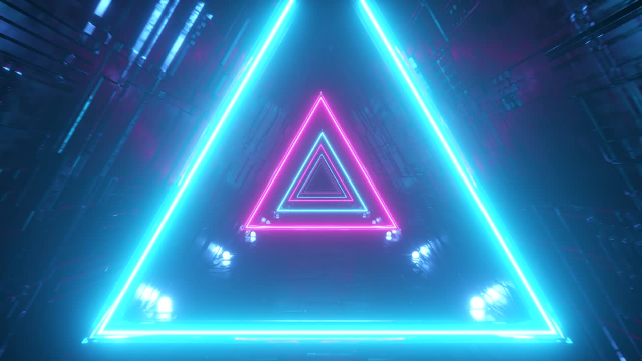 túnel de ciencia ficción con triángulos de neón. vuelo sin fin hacia adelante. iluminación de neón moderna. bucle sin costuras 3d render