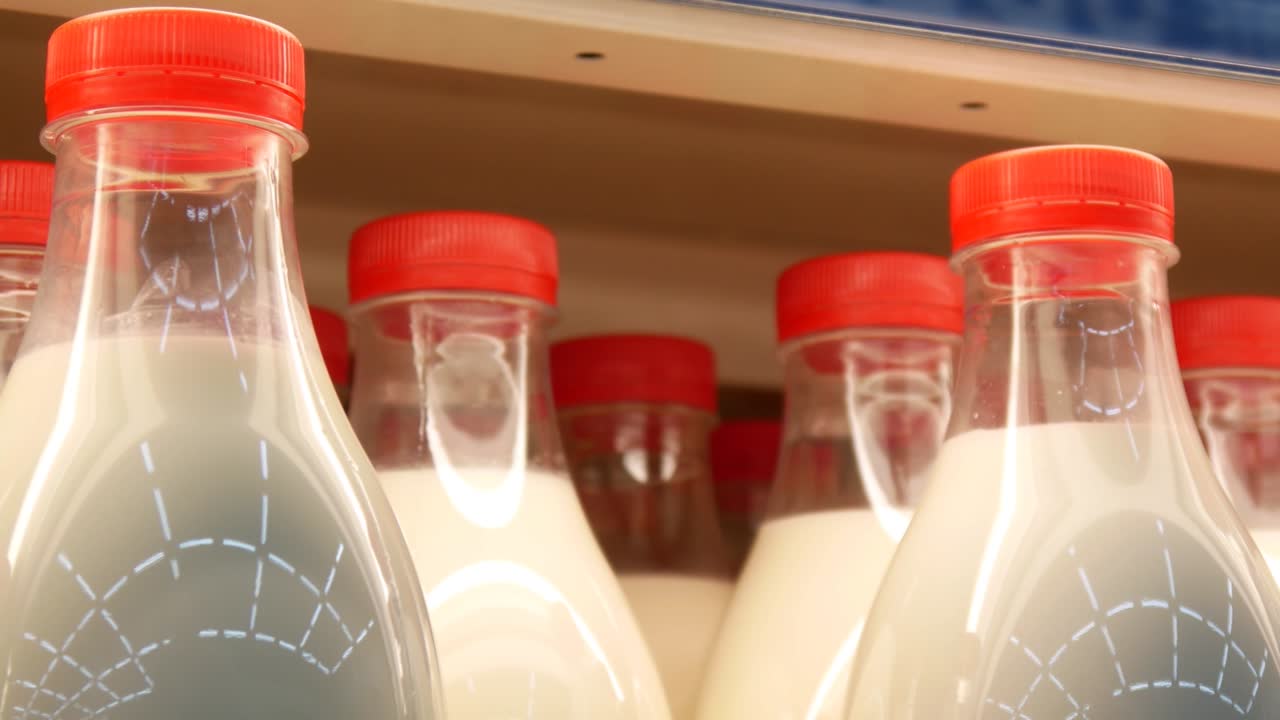 primer plano de muchas botellas de leche hermosas con tapas rojas en un estante de refrigerador de un supermercado y un comprador masculino toma una