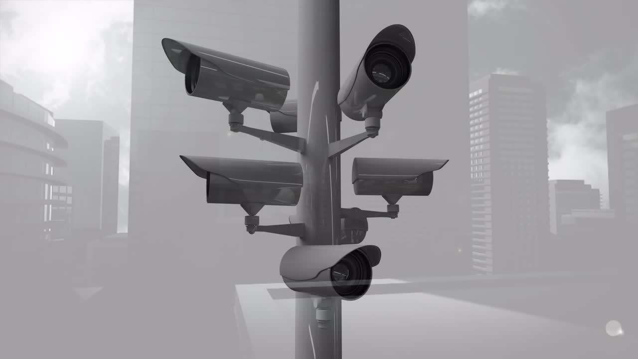 Animazione di telecamere a circuito chiuso e elaborazione dati sulla città.
