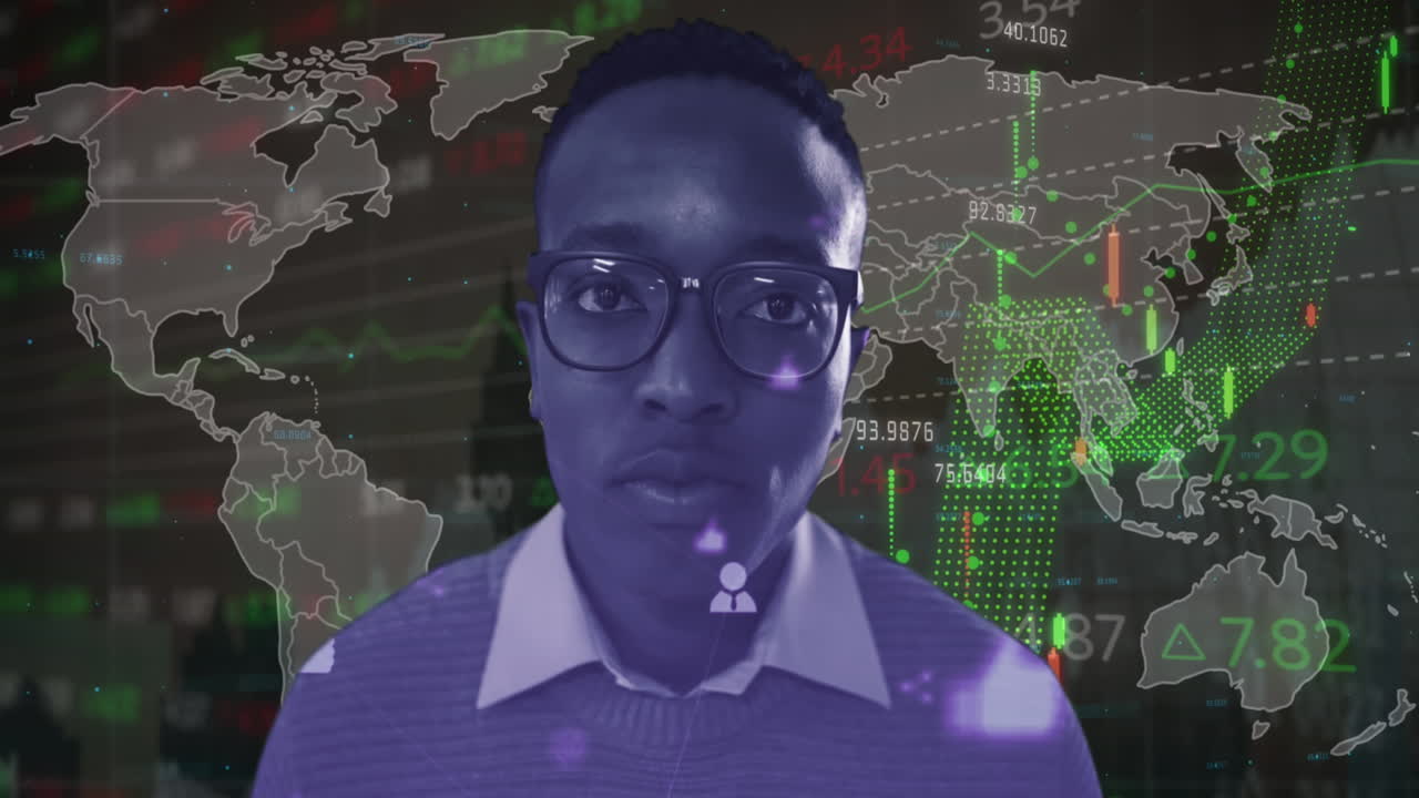 그래프의 애니메이션, 무역 보드, 증가하는 숫자, 아프리카계 미국인 소년의 초상화 위의 지도