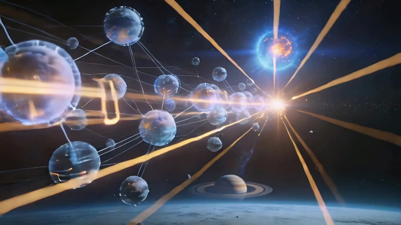 Advancing camera moving along node network toward bright flare above curved surface, beam glowing