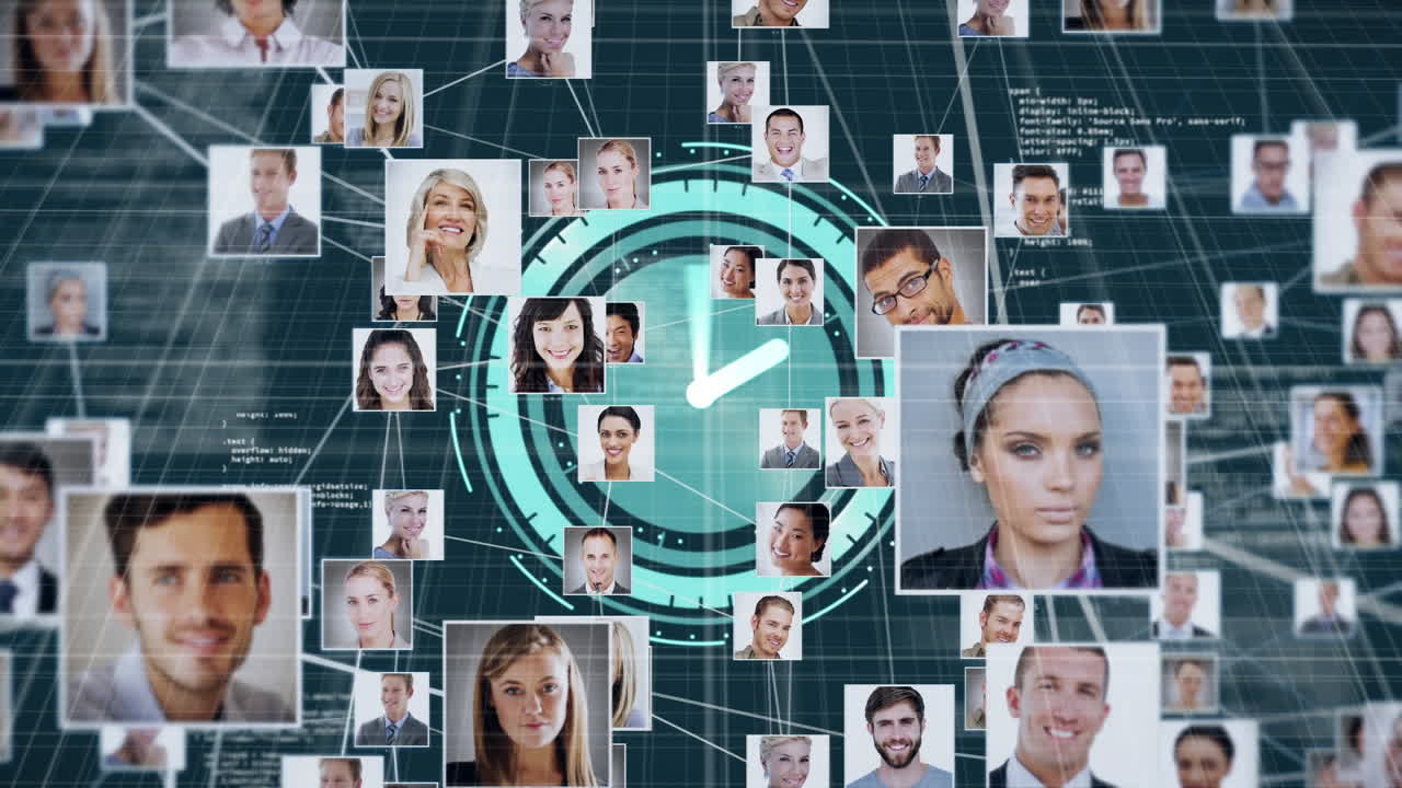 Network connections of multiple photos with clock moving in background