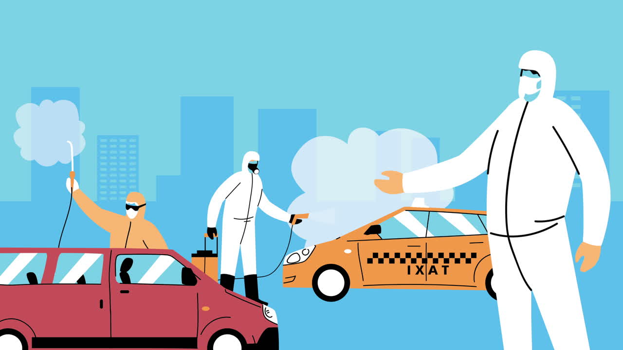 생체안전복과 소독제 스프레이를 착용한 노동자, 대중교통 서비스