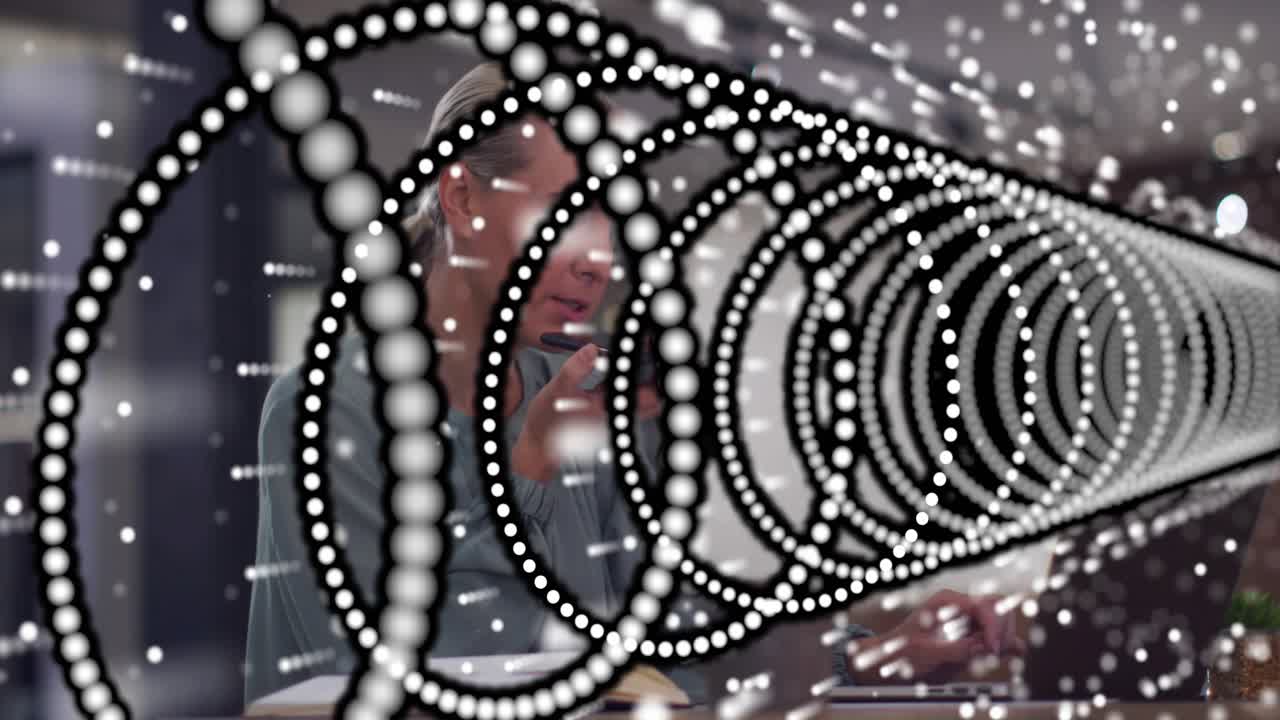 Woman leaning and reaching docs while at office, transparent dotted rings overlaying foreground