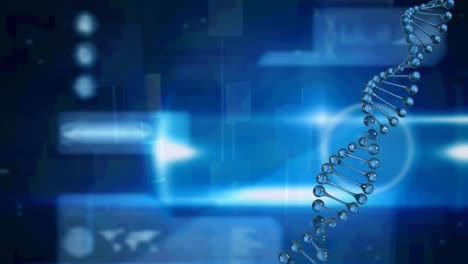 Animation-of-dna-strand-spinning-and-molecules-floating-over-blue-glowing-background