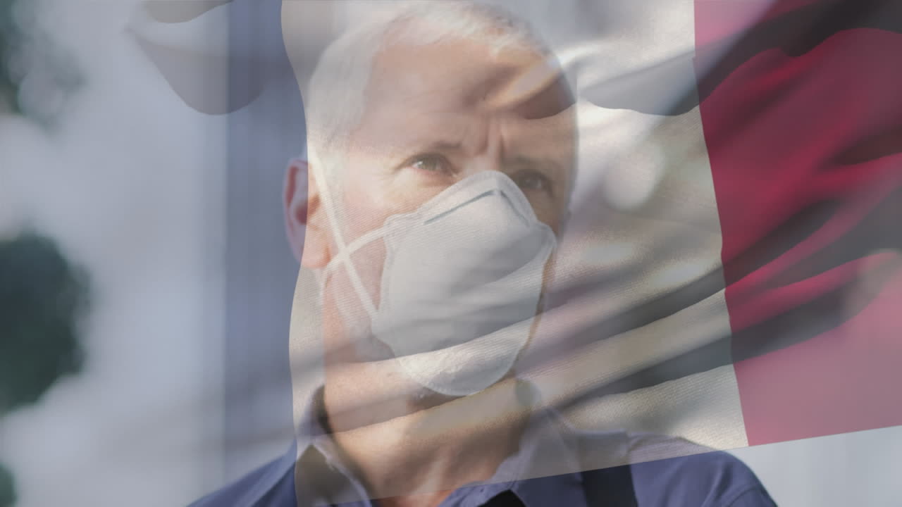 도시 거리에서 얼굴 마스크를 쓴 백인 남자가 프랑스 국기를 흔들고 있는 애니메이션