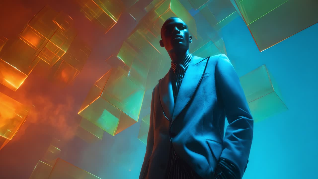 A Daring Figure Posing in an Abstract World of Colorful Geometric Shapes and Soft Lighting, Creating a Stunning Visual Experience That Blends Artistry with Fashion in a Modern Setting